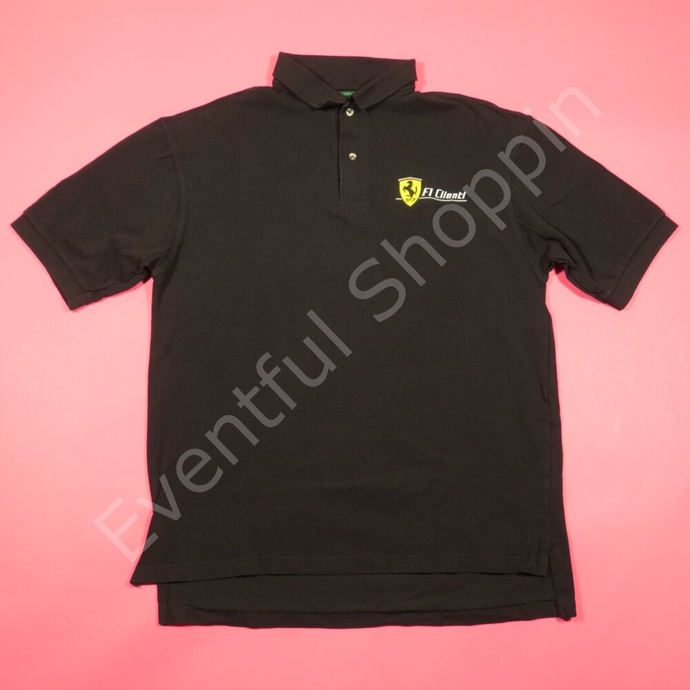 Vintage Ferrari Polo Shirt Mens Large Black F1 Clienti Mesh Cotton Outer Banks - Picture 2 of 7